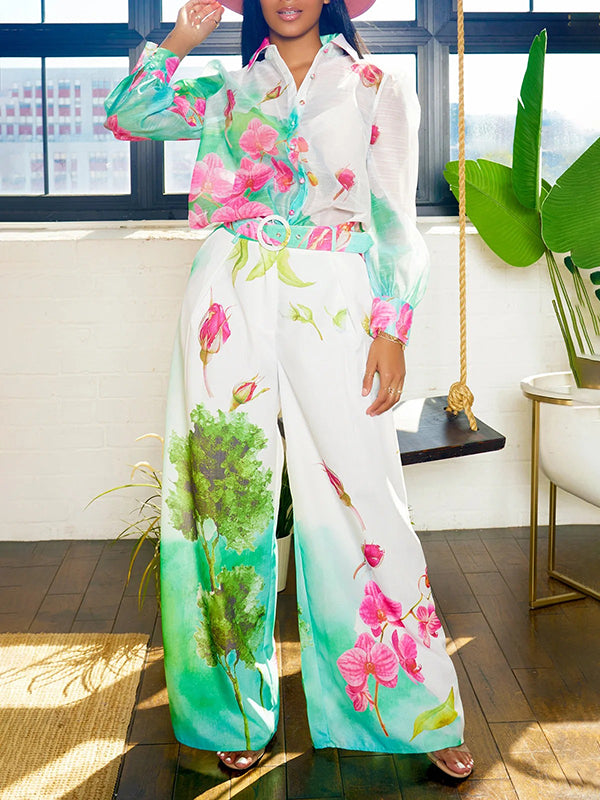 Floral Print Long Sleeve Sheer Gauze Blouse with Split-Joint Lapel