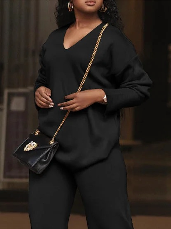 V-Neck Pullover with Long Sleeves in Solid Colors