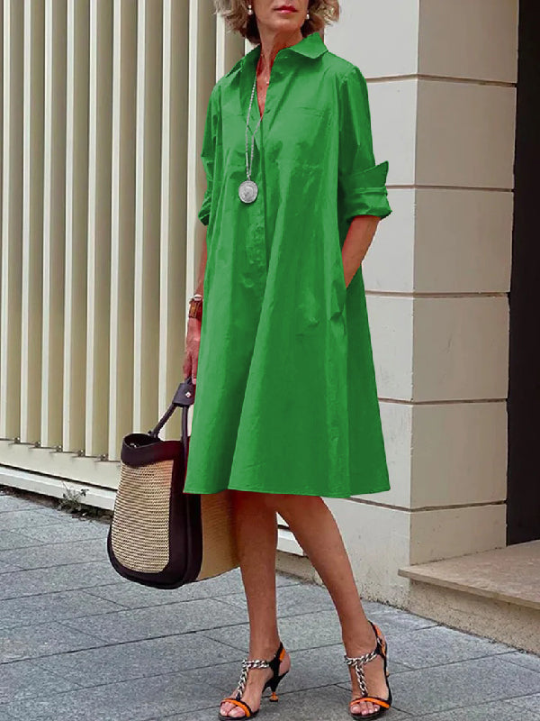 Classic Solid Color Midi Dress with Long Sleeves and Lapel Collar