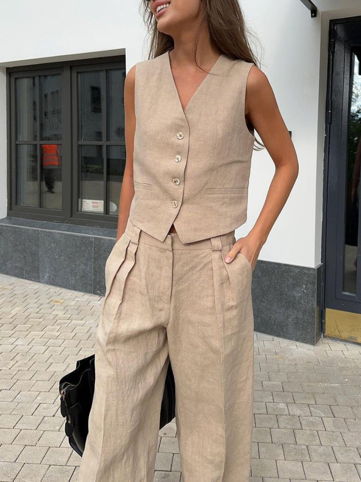 Timeless V-Neck Pleated Wide-Leg Cotton and Linen Pant Suit