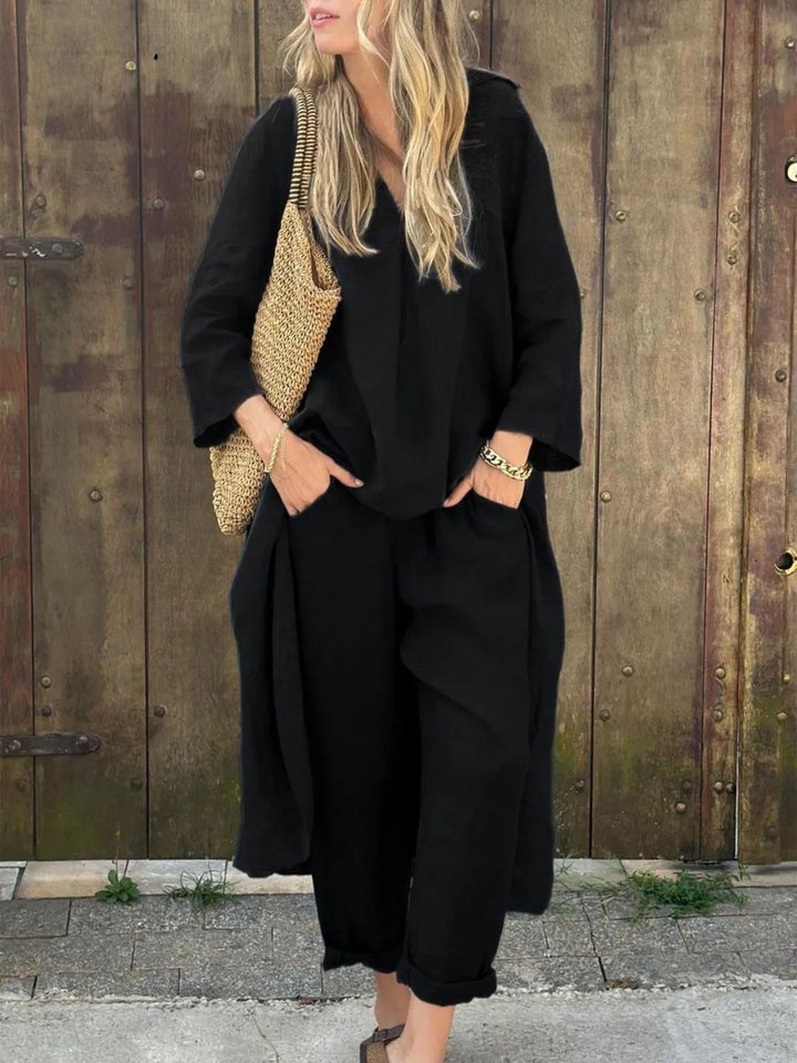 V-Neck Irregular Linen Top with High-Waisted Wide-Leg Pants Set featuring Pockets