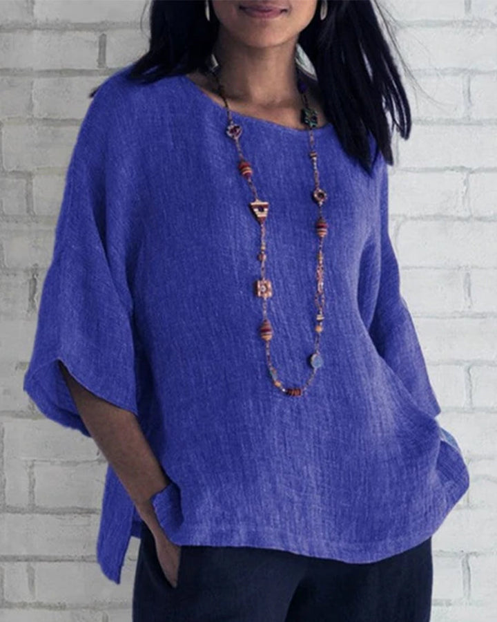 3/4 Sleeve Solid Color Top with Round Neck