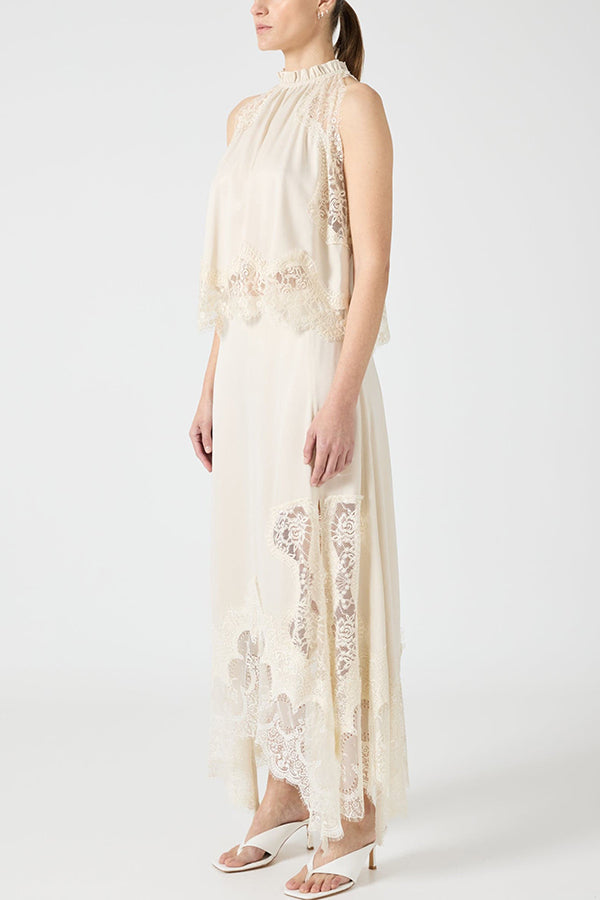 Lace-Trimmed Pleated Collar Top with Asymmetrical Slit Skirt Set