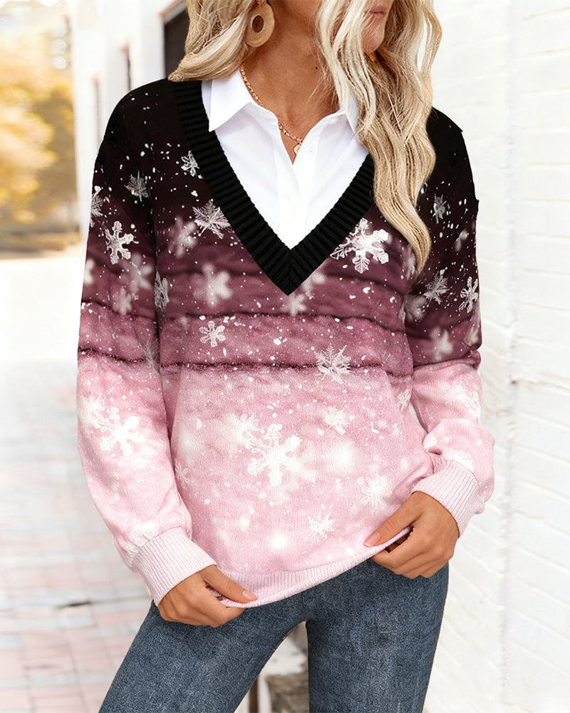 Printed Long-Sleeve Sweatshirt with Shirt Collar