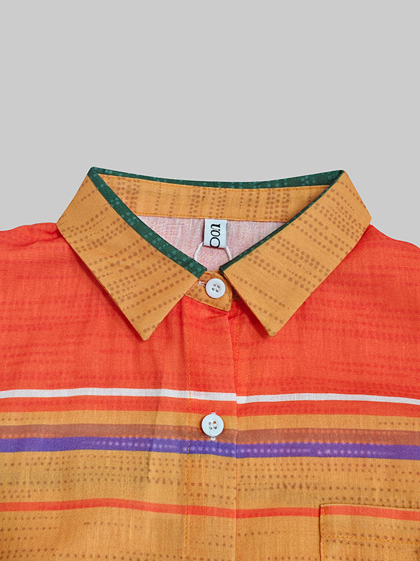 Loose-Fit Long Sleeve Button-Up Blouse with Contrast Color Lapel