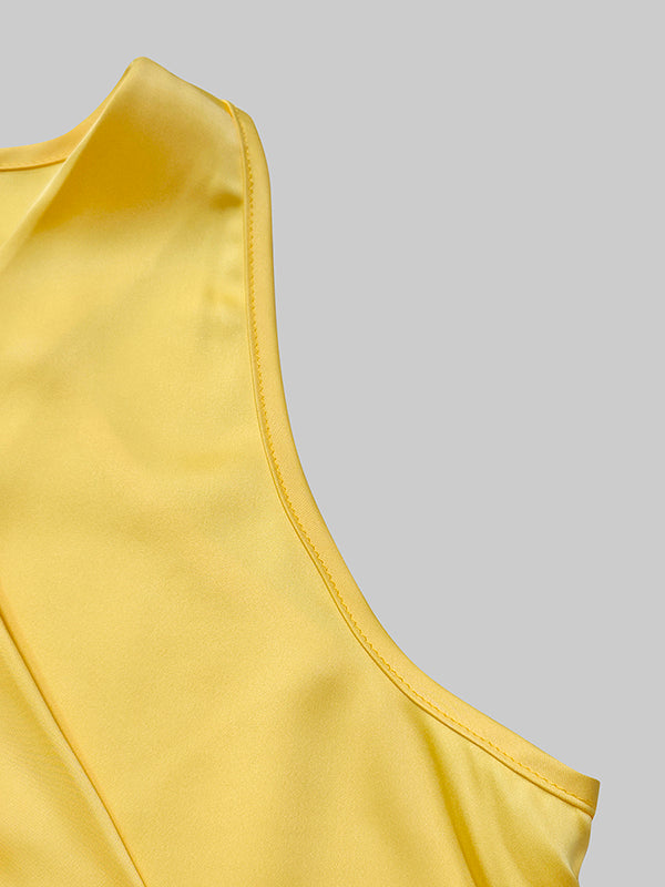 V-Neck Maxi Dress with Tied Waist and High-Low Ruffle Trim in Solid Colors