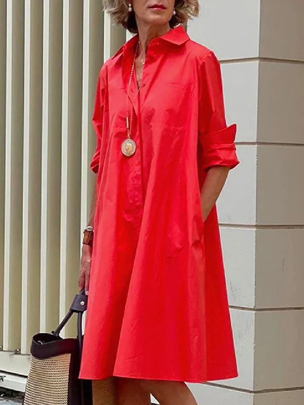Classic Solid Color Midi Dress with Long Sleeves and Lapel Collar