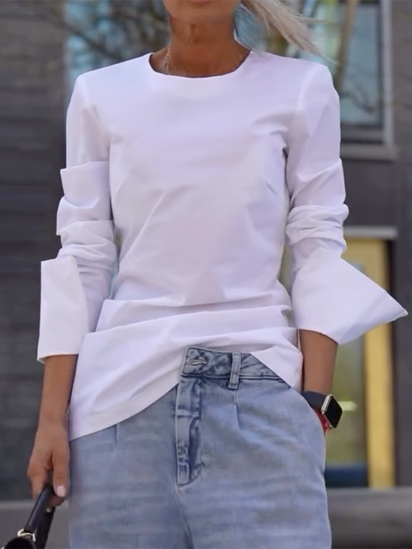 Relaxed Fit Long Sleeve Solid Color Round Neck T-Shirts