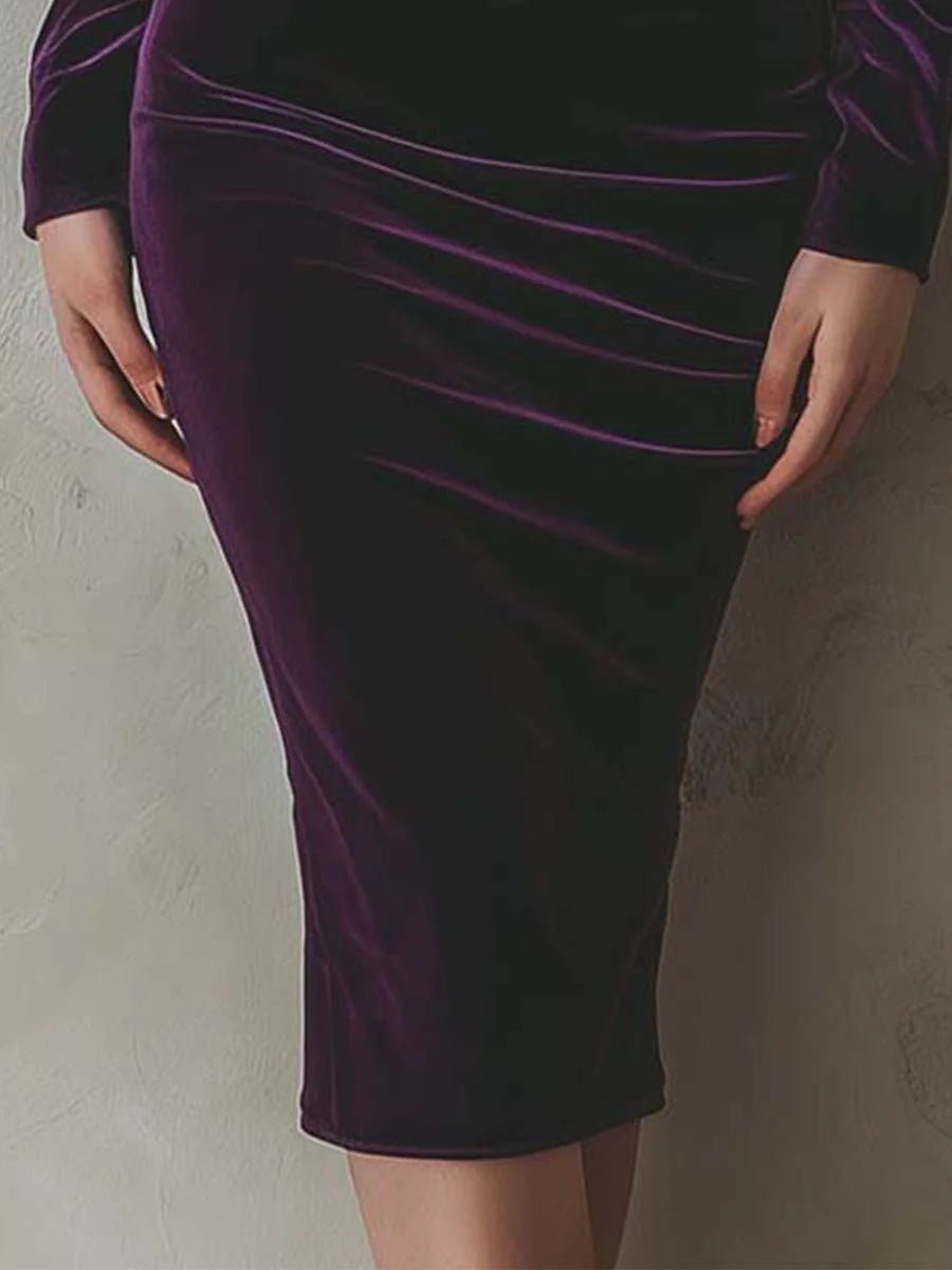 Chic Purple Velvet Slim-Fit Midi Dress with Long Sleeves