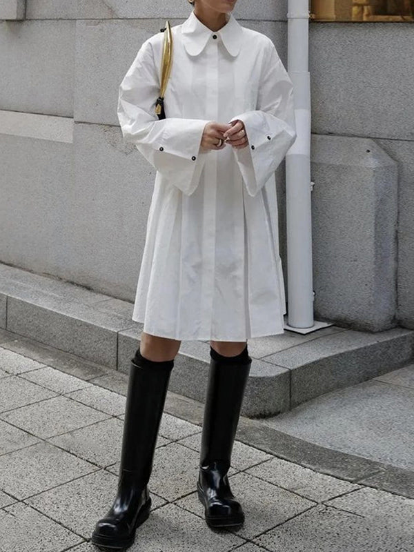Button-Up Midi Dress with Long Sleeves, Pleated Design, and Solid Color Lapel