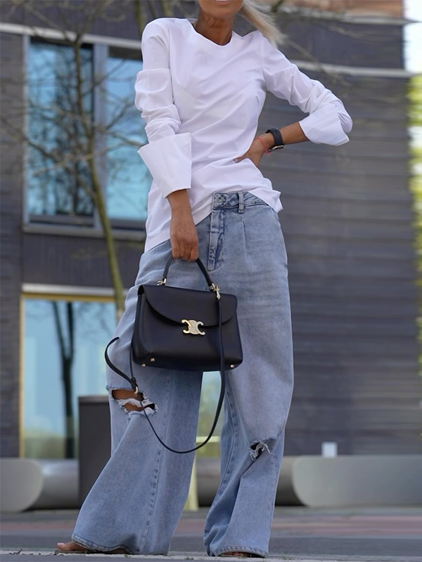 Relaxed Fit Long Sleeve Solid Color Round Neck T-Shirts