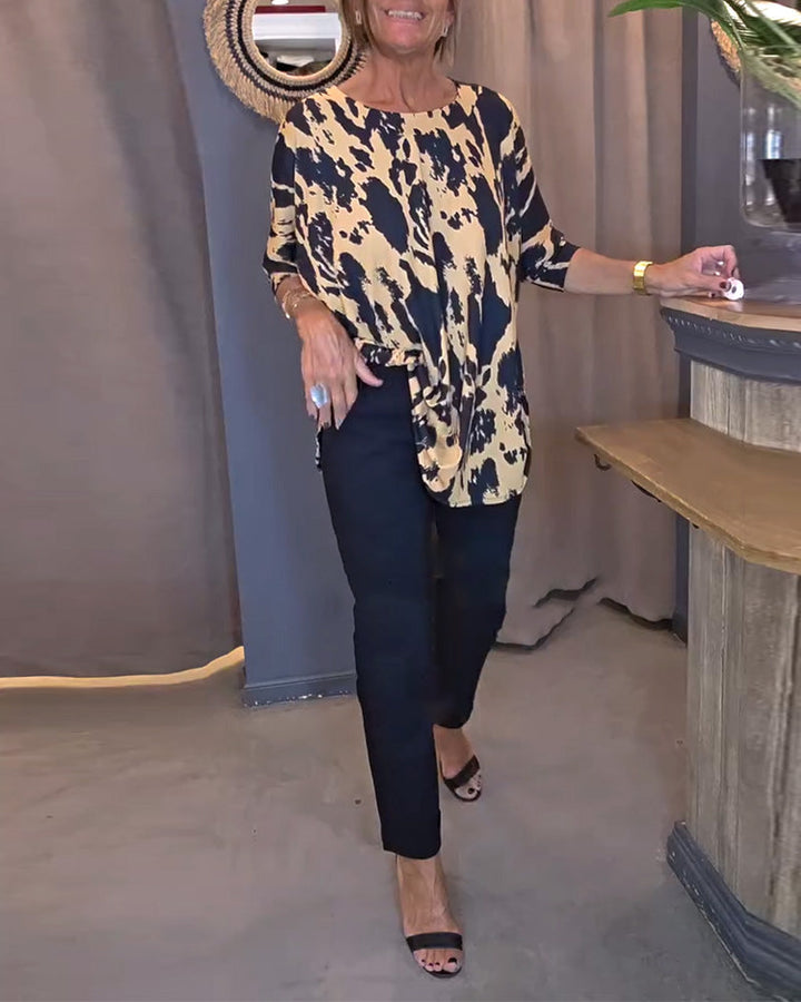 Printed Round Neck Blouse with Slit