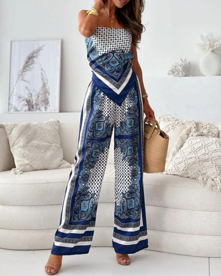 Chic Printed Lace-Up Vest and Pants Two-Piece Ensemble