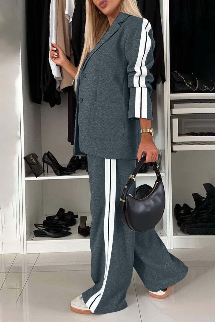 Two-Piece Set: Contrast Lapel Collar Top with Matching Pants