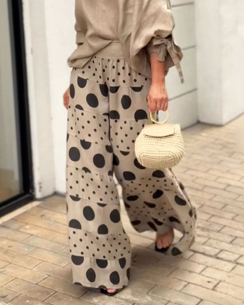 Relaxed Shoulder Top and Patterned Pants Two-Piece Outfit