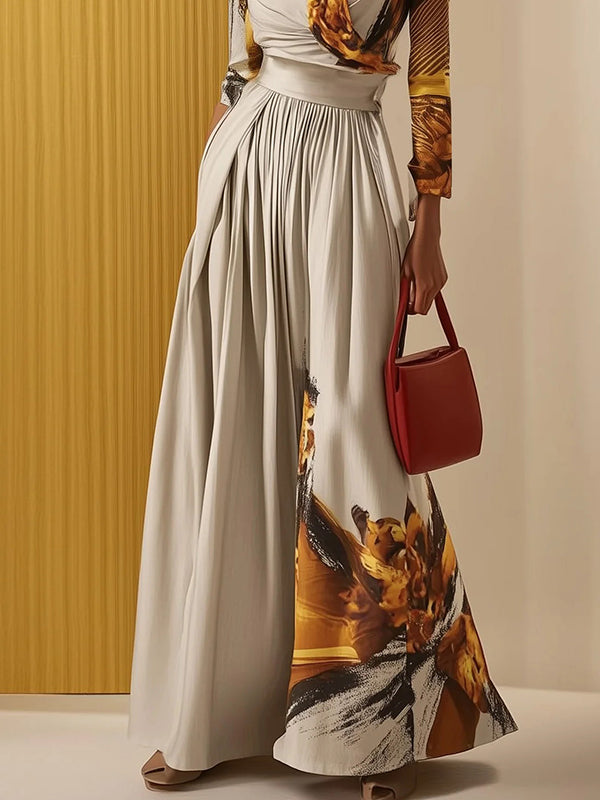 Floral Print Long Sleeve V-Neck Pleated Jumpsuit with Split Detail