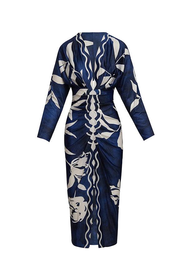 Distinctive Print Long Sleeve Ruched Midi Dress with Slit