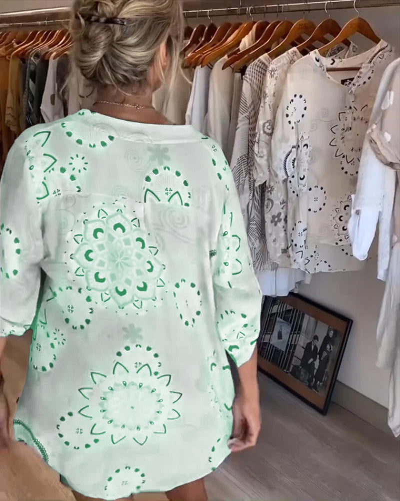 Versatile V-Neck Printed Blouse with Half Sleeves