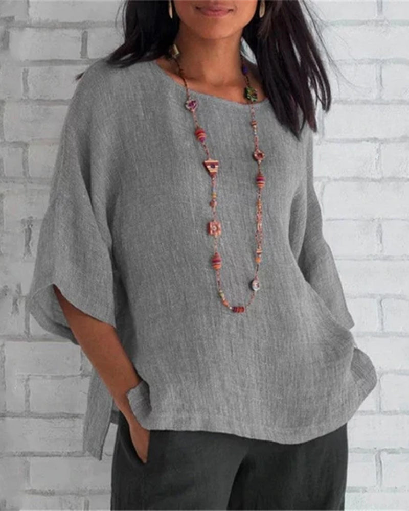 3/4 Sleeve Solid Color Top with Round Neck