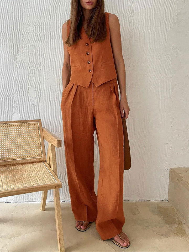 Timeless V-Neck Pleated Wide-Leg Cotton and Linen Pant Suit