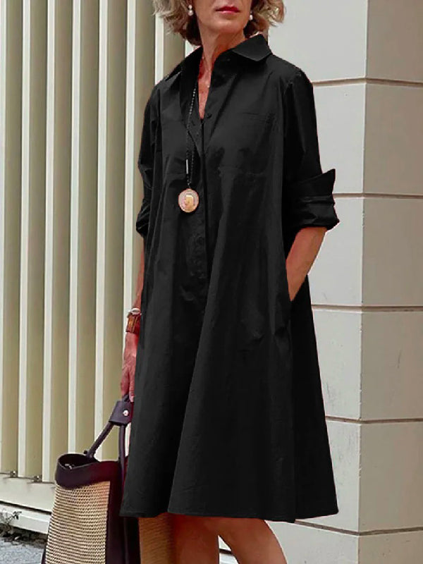 Classic Solid Color Midi Dress with Long Sleeves and Lapel Collar
