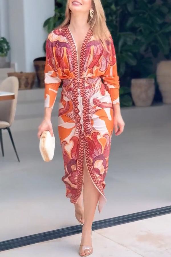 Distinctive Print Long Sleeve Ruched Midi Dress with Slit