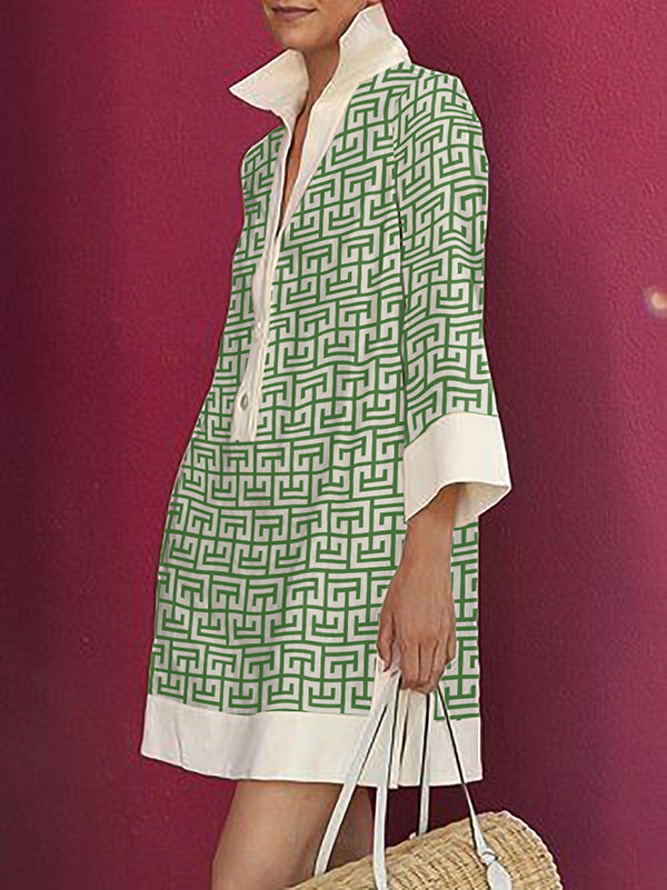 Button-Up Printed Mini Shirt Dress with Long Three-Quarter Sleeves and Lapel Collar