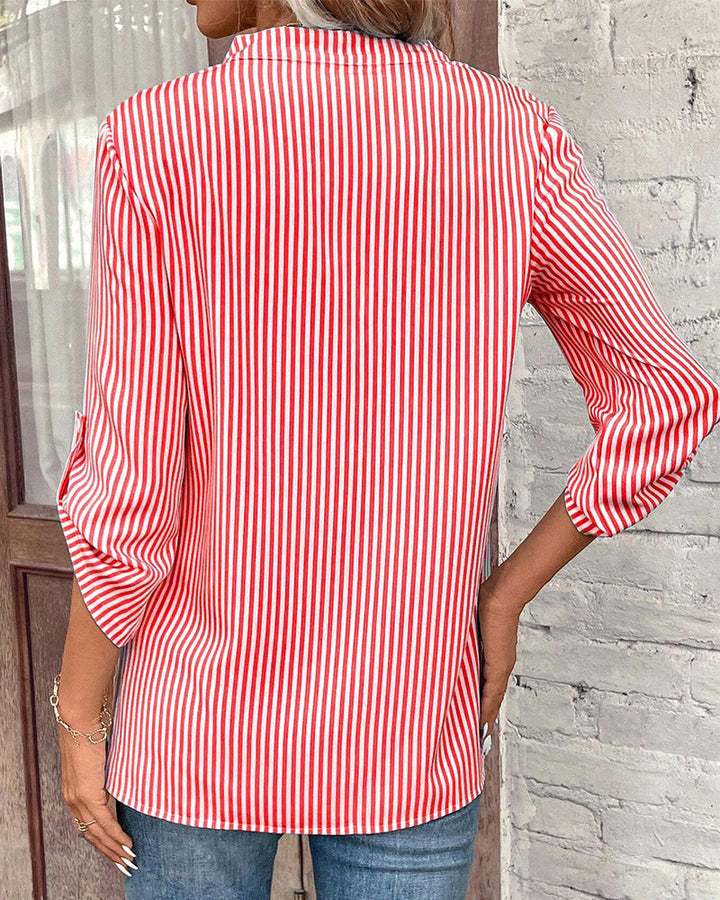 Striped Print V-Neck Casual Blouse