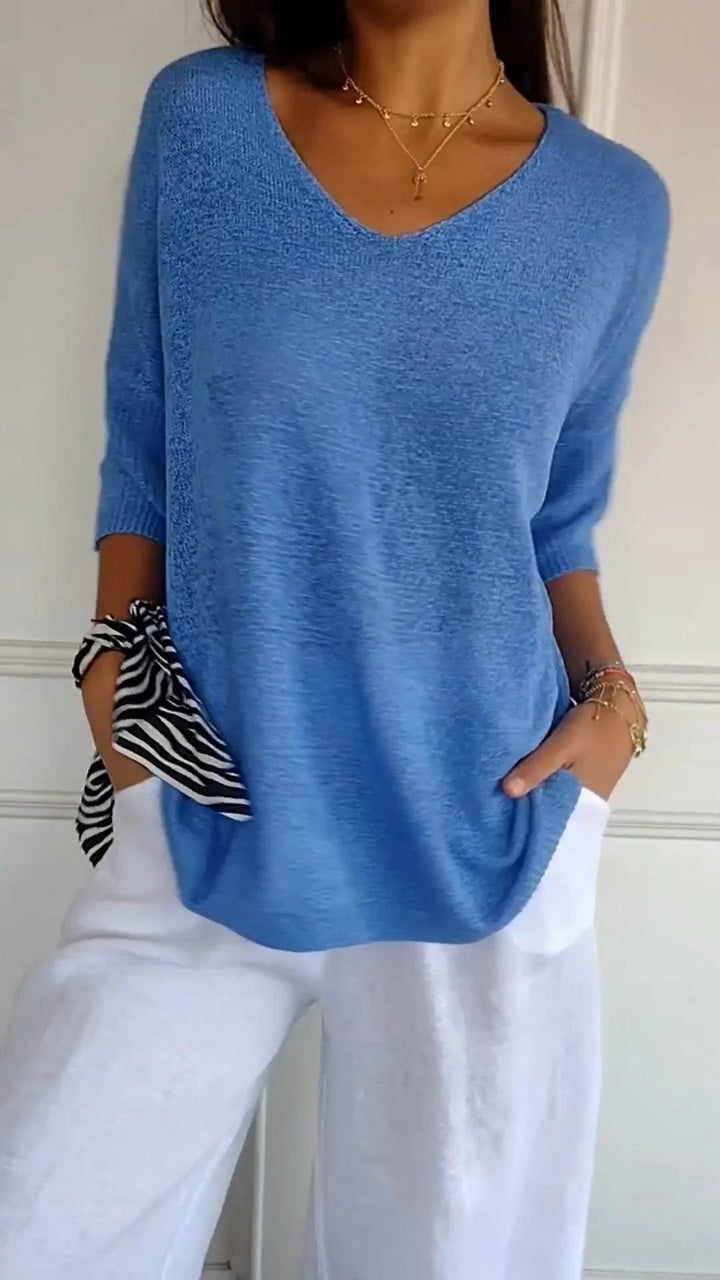 V-Neck Solid Color Knit Top