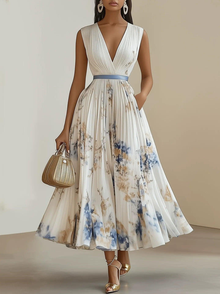 Spring Collection White Floral Chiffon V-Neck Sleeveless A-Line Midi Dress