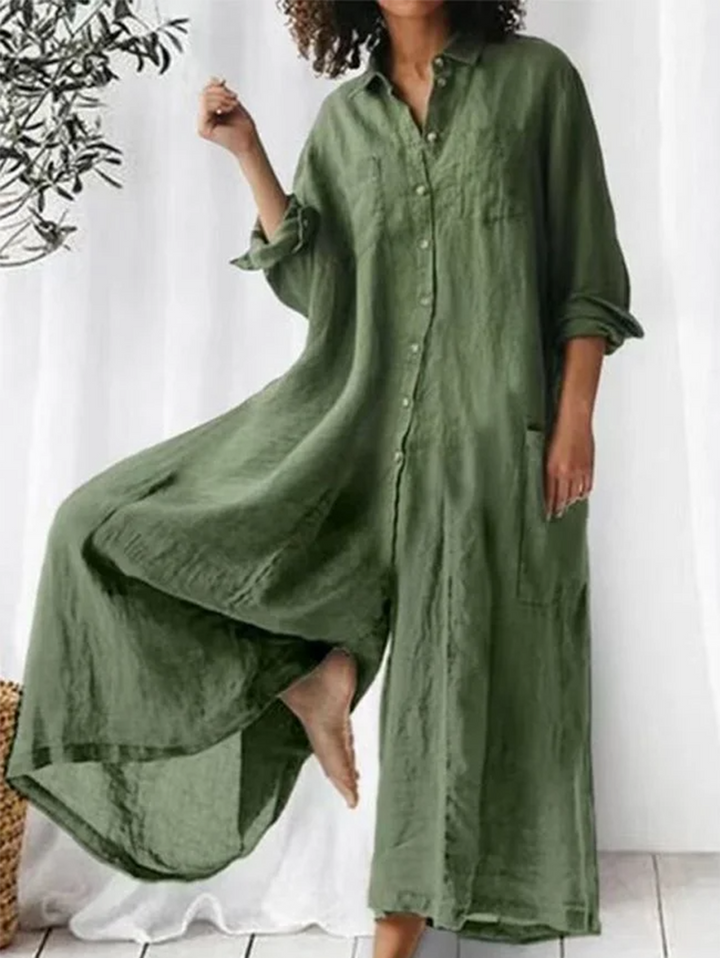 Relaxed Fit Plain Lapel Collar Single-Breasted Wide-Leg Jumpsuit