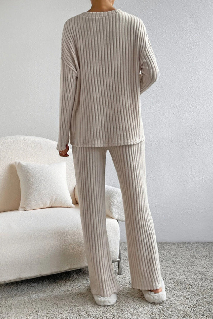 Ribbed V-Neck Top with Matching Pants Set