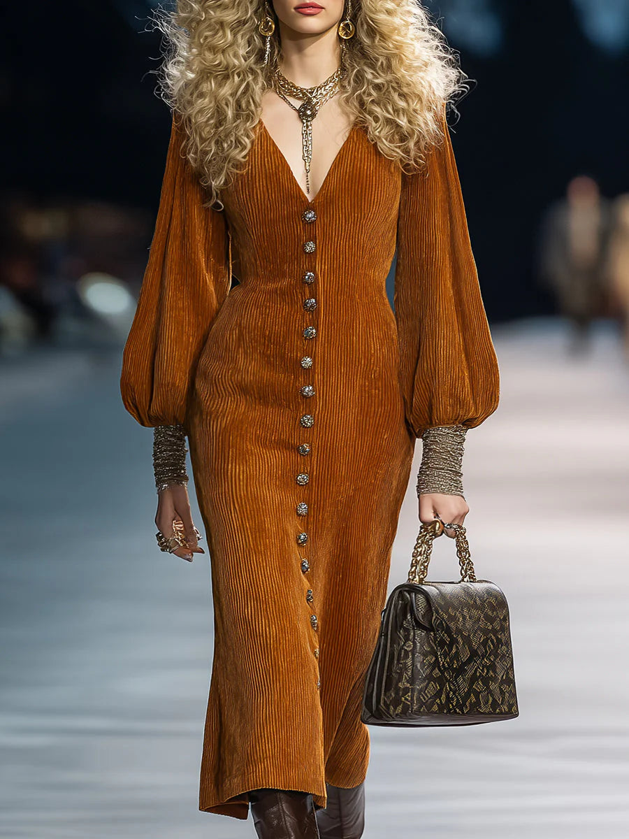 Retro Puff Sleeve Caramel Brown Corduroy Midi Dress with Button Details