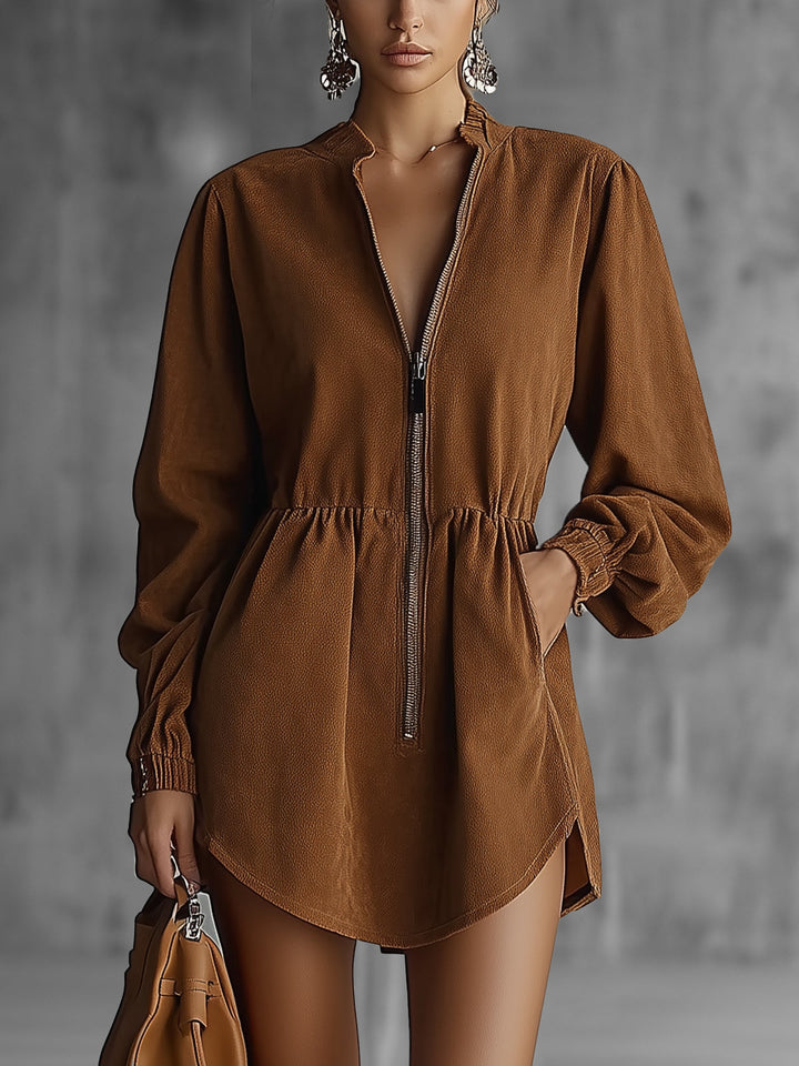 Brown Faux Suede Mini Dress with Zip-Up Closure