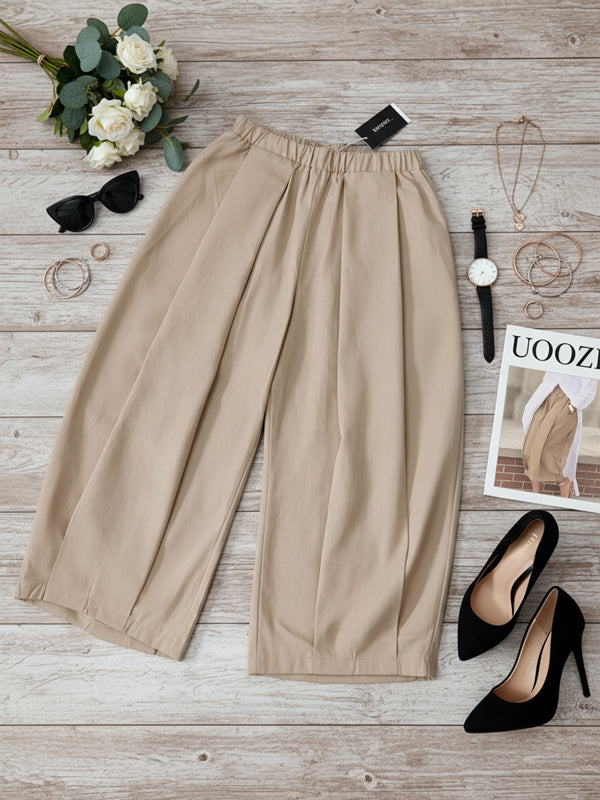 Relaxed Fit Wide Leg Pleated Pants with Pockets - Solid Color