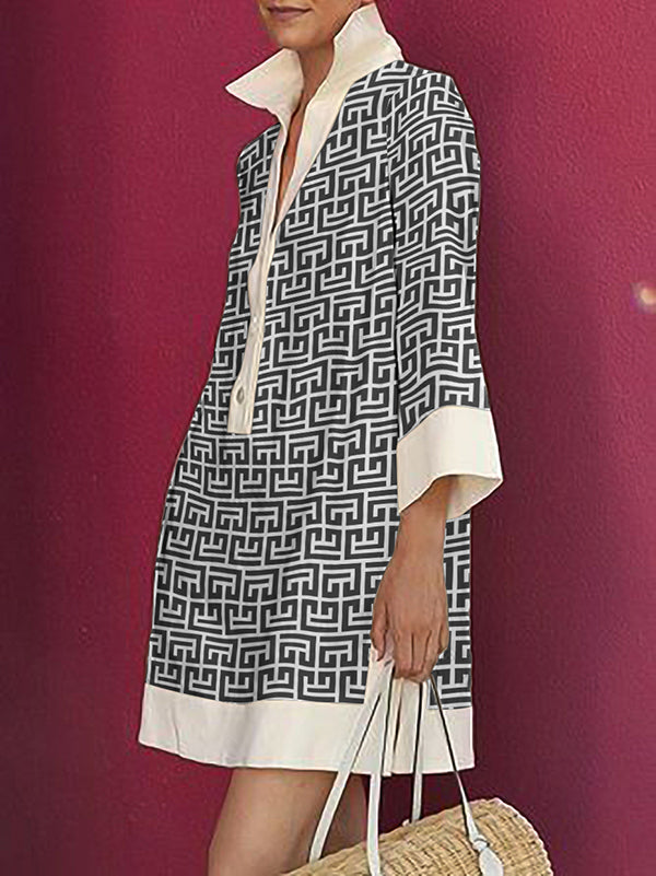 Button-Up Printed Mini Shirt Dress with Long Three-Quarter Sleeves and Lapel Collar