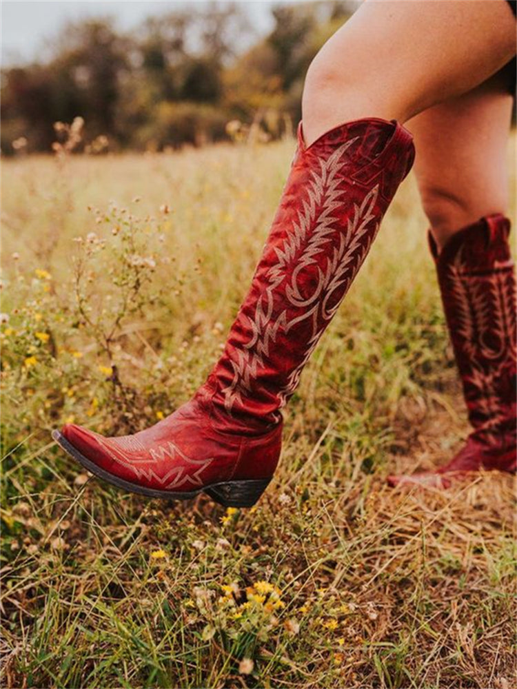 Retro Western Cowboy Knee-High Boots with Embroidery