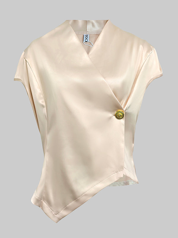 V-Neck Button-Up Vest Top with Cap Sleeves in Solid Color