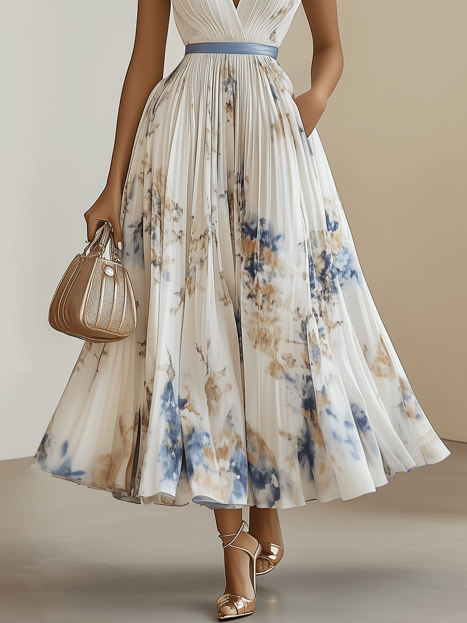Spring Collection White Floral Chiffon V-Neck Sleeveless A-Line Midi Dress