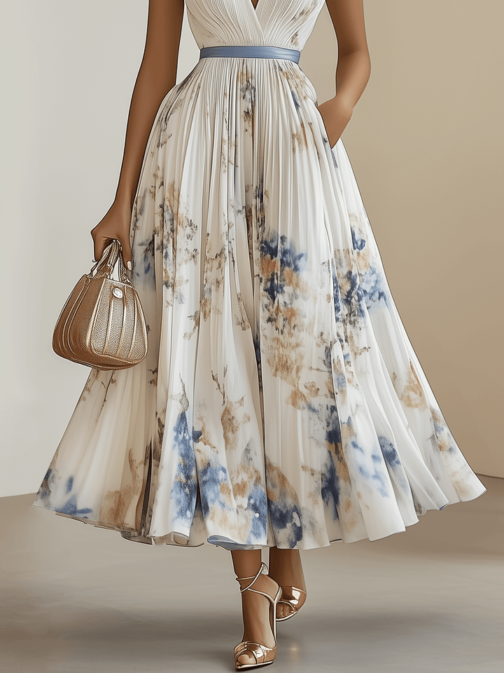 Spring Collection White Floral Chiffon V-Neck Sleeveless A-Line Midi Dress