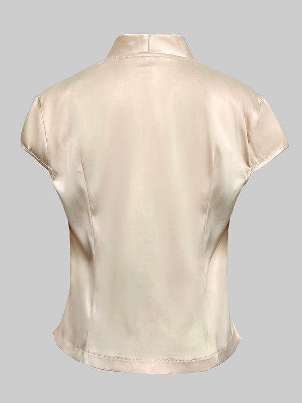 V-Neck Button-Up Vest Top with Cap Sleeves in Solid Color