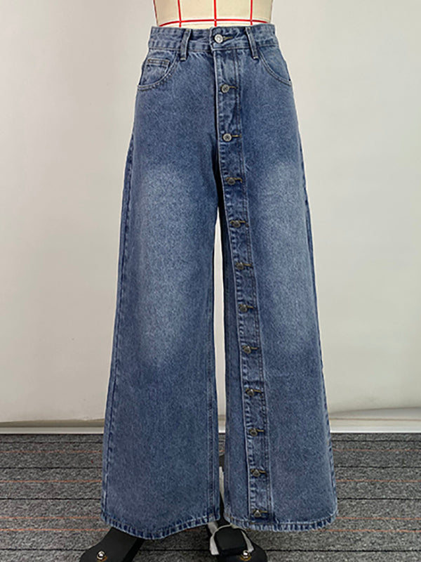 High-Waisted Loose-Fit Jeans with Buttoned Pockets
