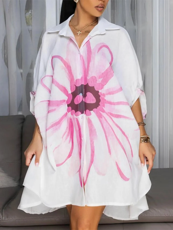 Floral Print Mini Shirt Dress with Half Sleeves and Button Detail