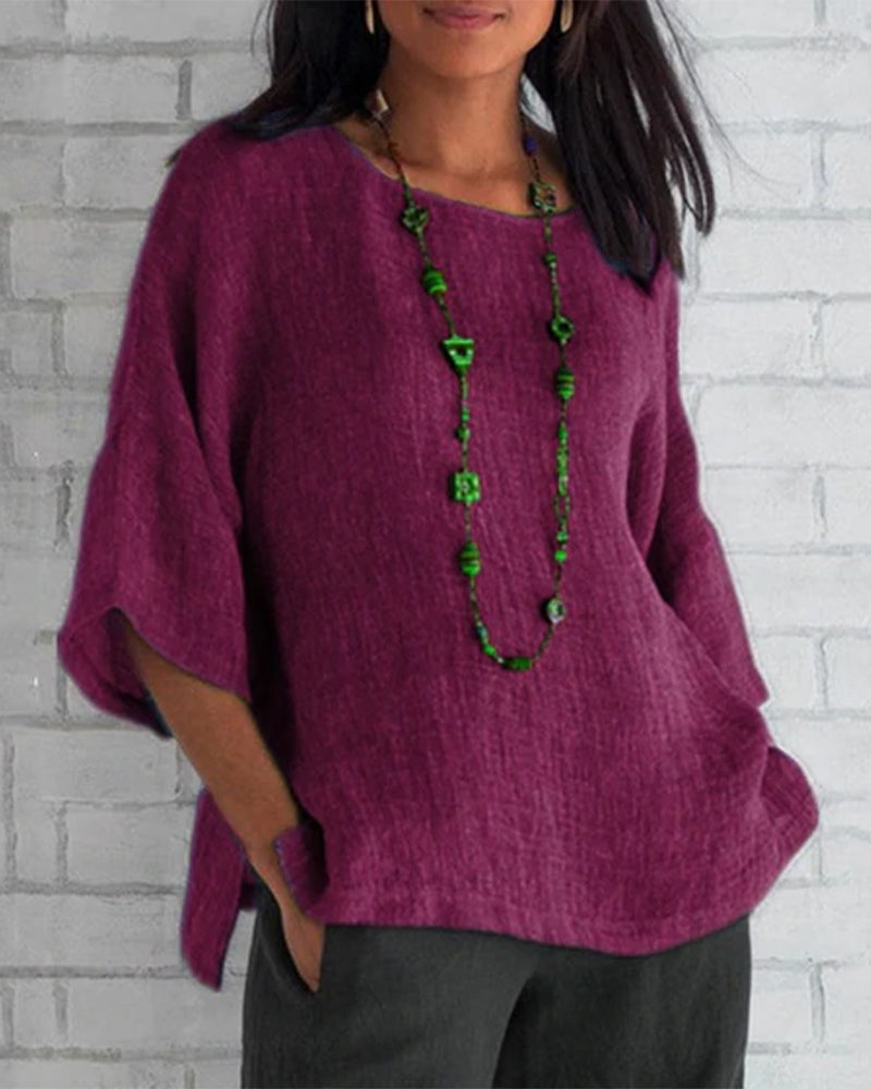 3/4 Sleeve Solid Color Top with Round Neck
