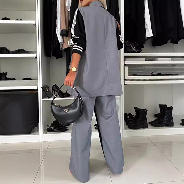 Two-Piece Set: Casual Double-Breasted Blazer with Patchwork Pants