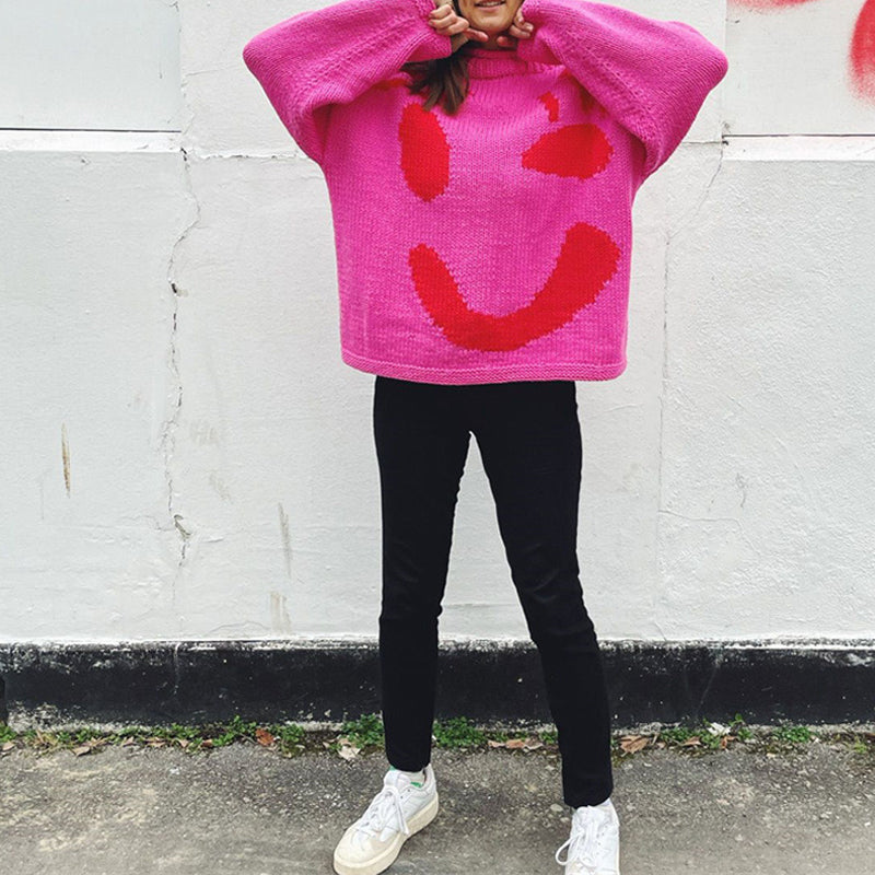 Chic Knit Sweater with Smiley Design