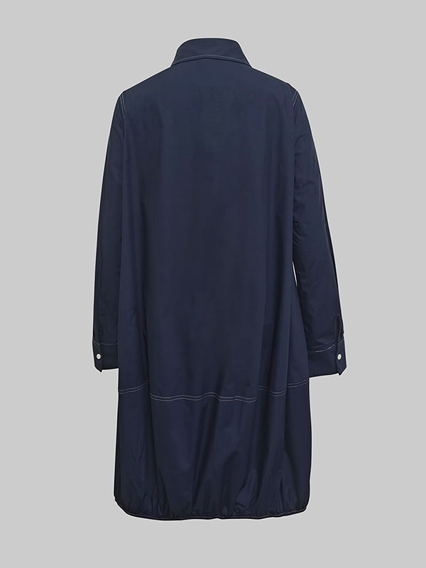 Solid Color Midi Dress with Long Sleeves, Loose Fit, Buttoned Pockets, and Lapel Collar