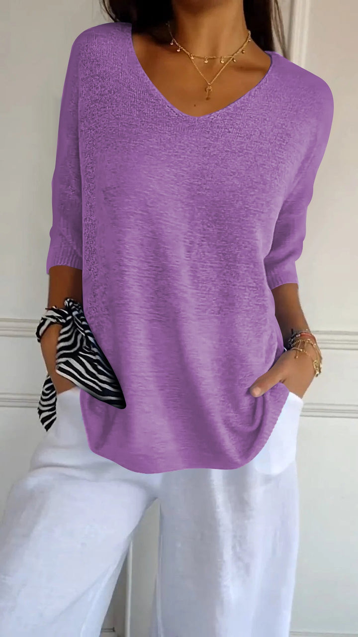 V-Neck Solid Color Knit Top