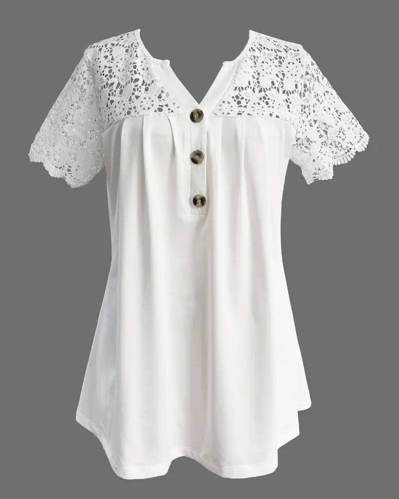 Lace Patchwork Pleated T-Shirt with Hollow Hem