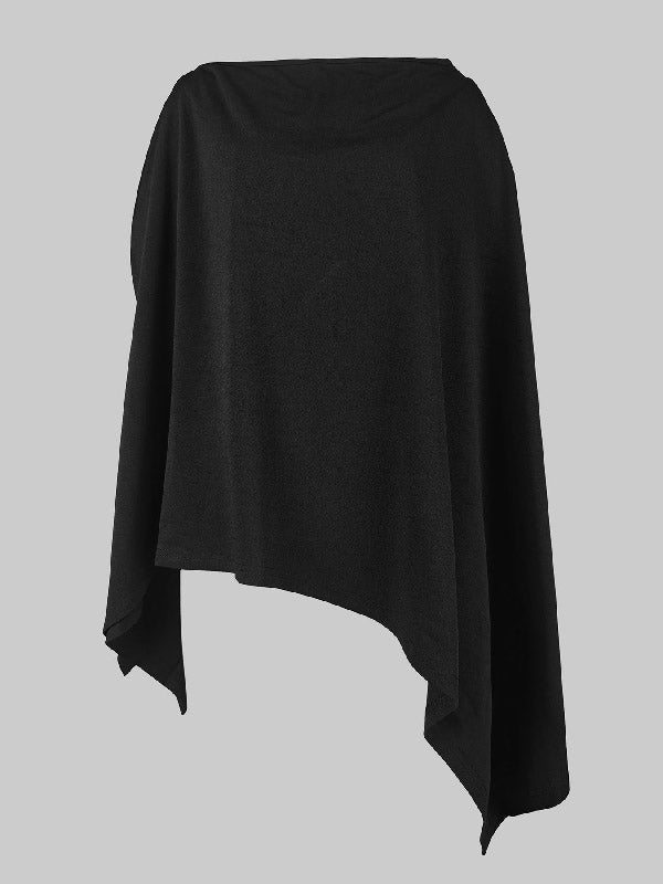 One-Shoulder Blouse with Batwing Sleeves - Loose Fit, Asymmetric Solid Color Top